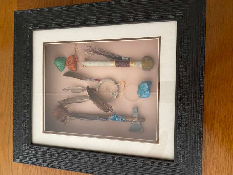 American Navajo Indian mementos in shadow box